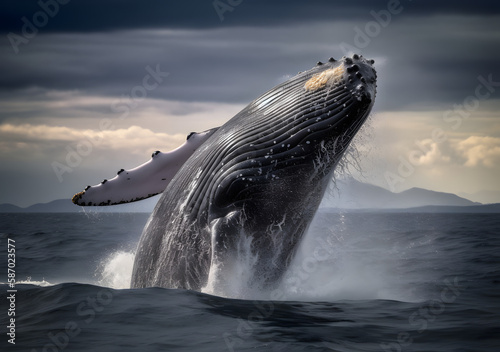 Humpback whale jumping out of water © Kodjovi