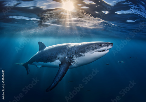 underwater photography of a great white shark in the sea with sunlight