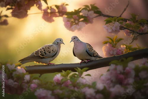 two turtle doves on tree branch with pink flowers