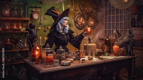 AI generated Portrait of a beautiful witch making magic potion in her laboratory.