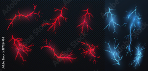 Isolated realistic shiny lightning or electricity blast isolated on checkered transparent background. Lightning, electric thunderbolt strike, red, blue  crack, magical energy flash.Vector illustration