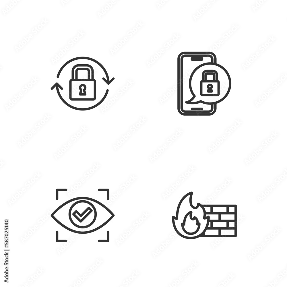 Set line Firewall, security wall, Eye scan, Lock and Mobile with closed padlock icon. Vector