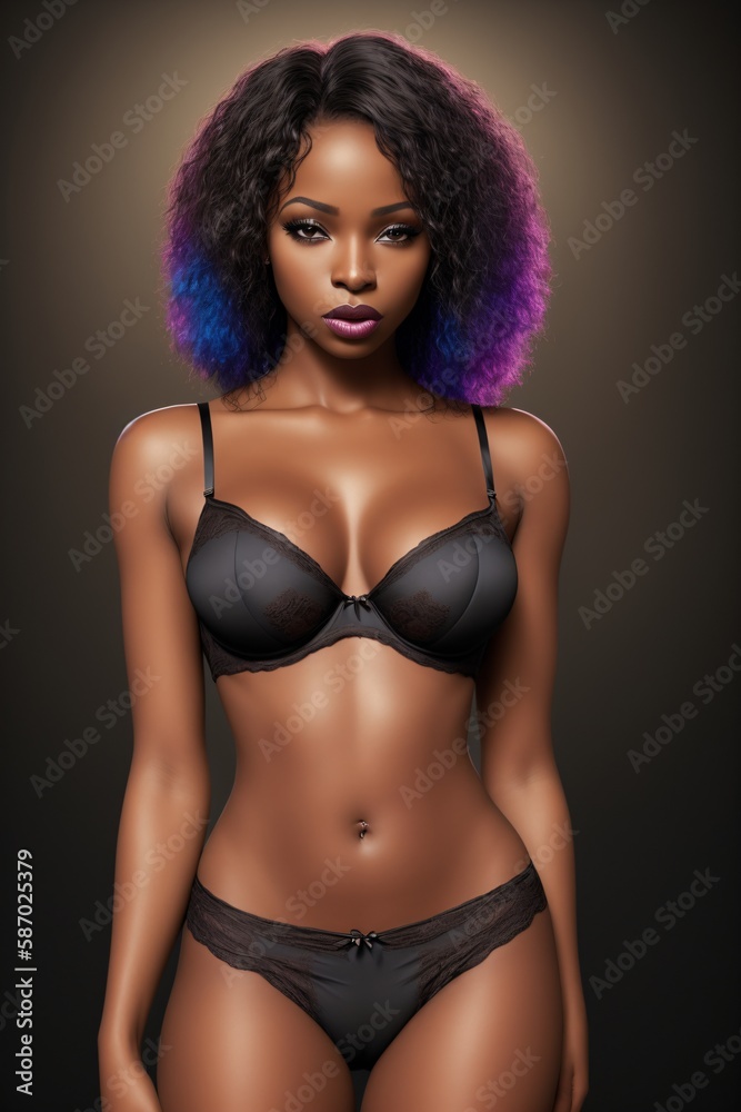 Fototapeta premium Sexy young African American woman model with a black bra and pink hair