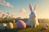 cute easter bunny surrounded by colorful easter eggs