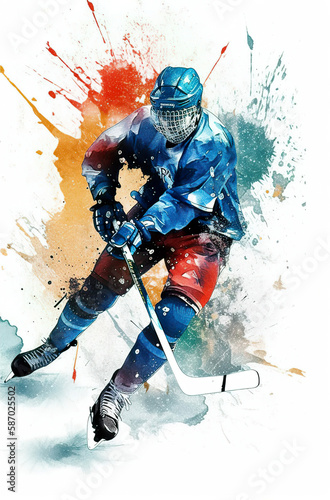 Watercolor abstract illustration of hockey player. Hockey player in action with colorful paint splash, isolated on white background. AI generated illustration.