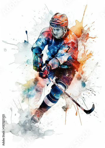 Watercolor abstract illustration of hockey player. Hockey player in action with colorful paint splash, isolated on white background. AI generated illustration.