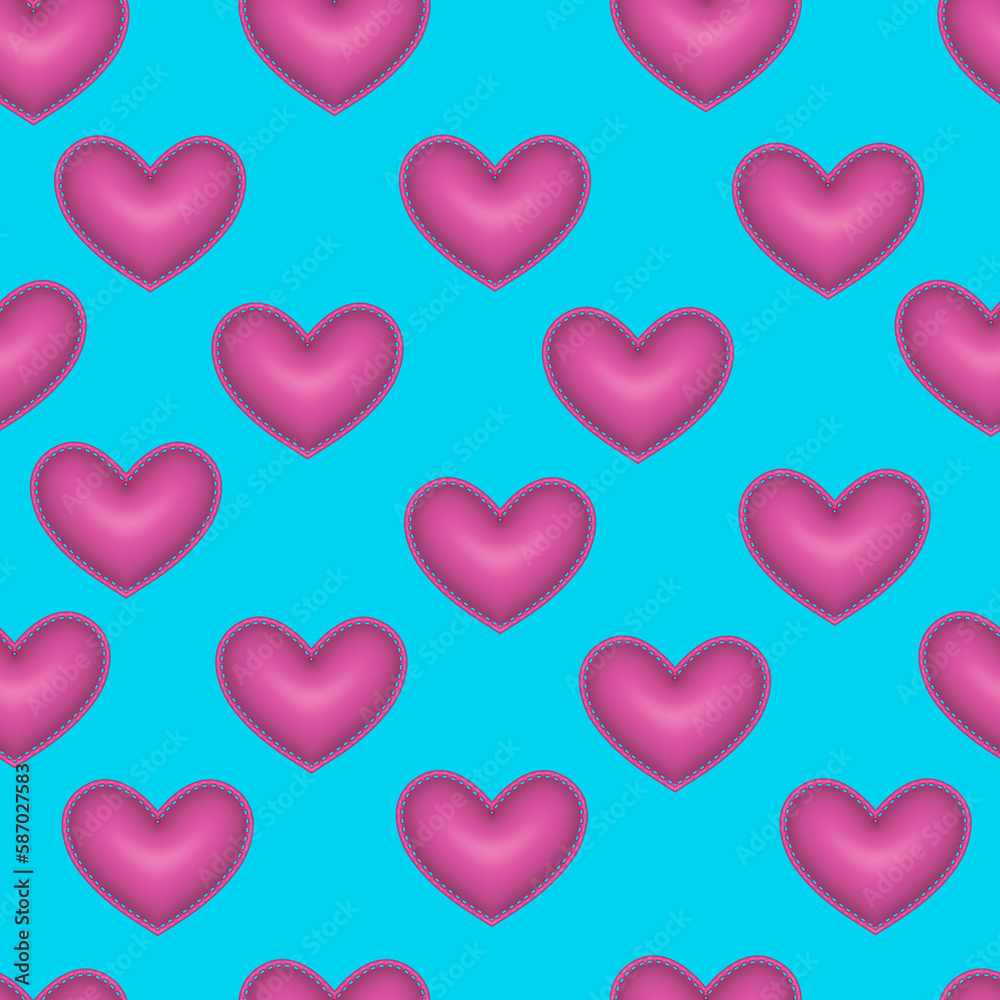 Pink heart seamless pattern. 3d illustration. Romantic background for holiday of love design, Valentine's day card, wedding decoration, wrapping paper for gifts.