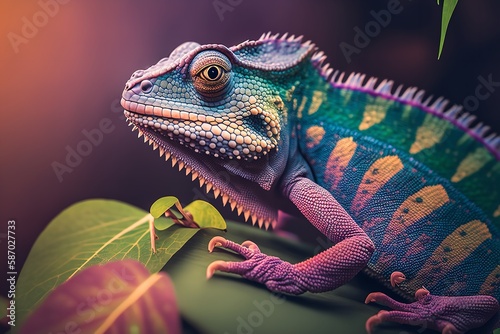 A vibrant chameleon reptile is shown up close. Generative Ai.