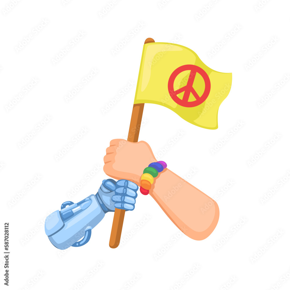 Human and Robot Hand holding Peace Flag Symbol Cartoon illustration vector Human and Robot Hand holding Peace Flag Symbol Cartoon illustration vector