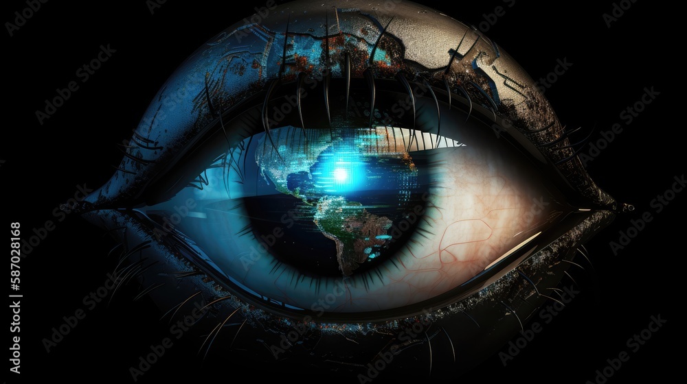 Naklejka premium World reflected on AI robotic eye. Generative AI