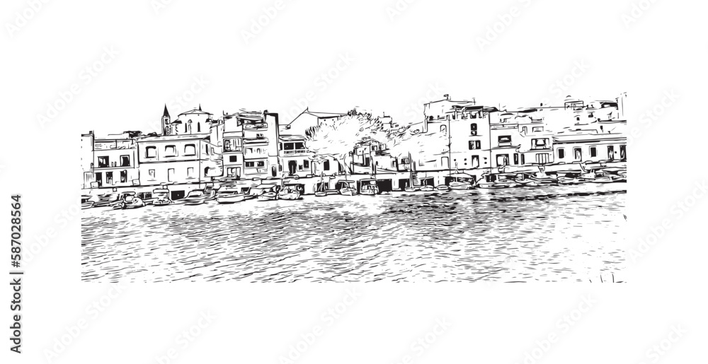 Building view with landmark of Porto Colom is a smallish town in Mallorca. Hand drawn sketch illustration in vector.