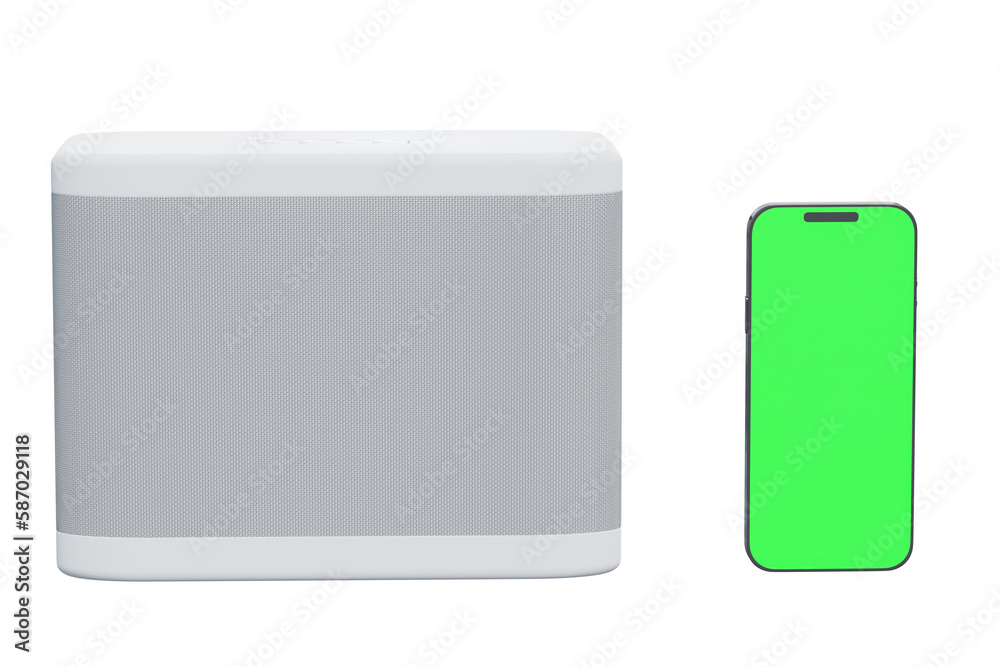 Portable wireless audio speaker system next to a modern smartphone with chromakey screen, 3d rendering. Pairing devices for wireless audio streaming, modern technology and smart speakers