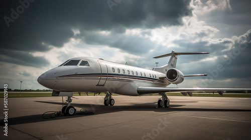 Business jet airplane parked at outside and waiting vip persons. Generative Ai © vectorizer88
