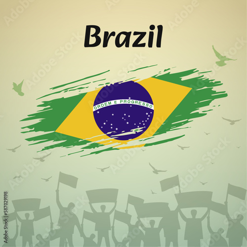 Brazil National Day Celebration. Patriotic Design with Flag, Birds, and Protestors. Perfect for Independence Day, Republic Day. Versatile Vector Illustration for Social Media, Banners, Greeting Cards.