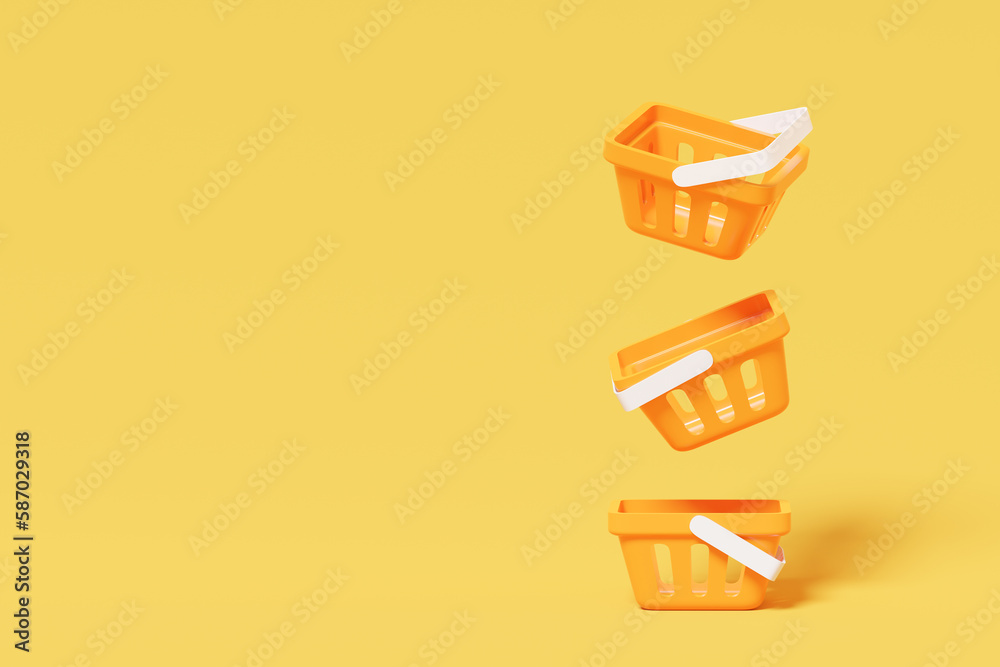 Plastic orange shopping carts in yellow background, stylized 3d rendering. Shopping, consumerism, supermarket groceries concept Plastic orange shopping carts in yellow background, stylized 3d rendering. Shopping, consumerism, supermarket groceries concept