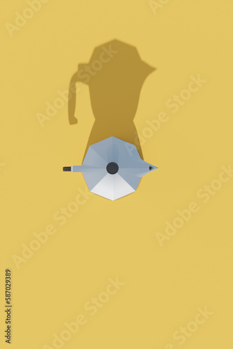 Italian coffee pot in yellow background, 3d rendering. Overhead shot of a stylized moka coffee brewer photo