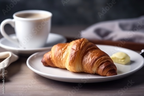 One hot homemade croissant on a white saucer.