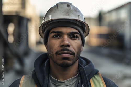 Portrait of a Construction worker in hard hat in a construction site. Generative AI © Snapshooter