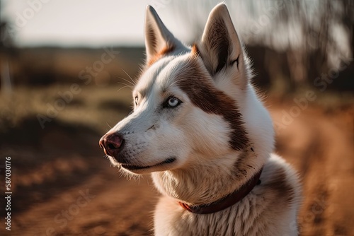 Closeup of a red and white Siberian husky dog on a gravel road. Generative AI