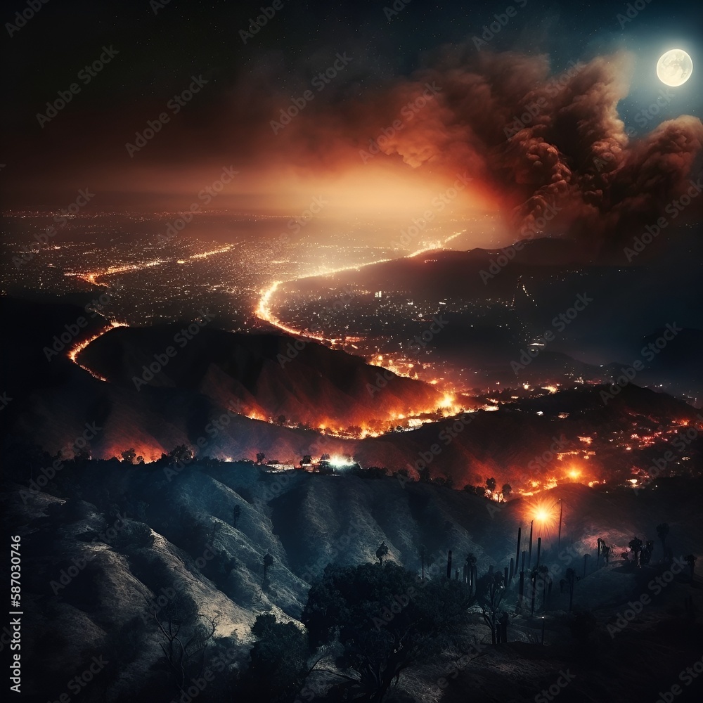 Fire In the Hollyowwd Hills of california under the moonlight. Created using generative AI.