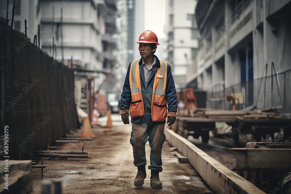 Portrait of a Construction worker in hard hat in a construction site. Generative AI Portrait of a Construction worker in hard hat in a construction site. Generative AI