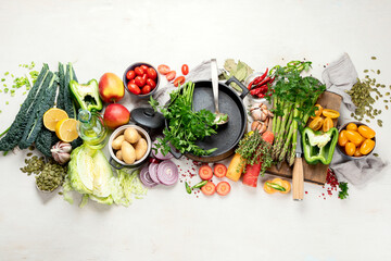 Healthy food selection. Detox and clean diet concept. Foods high in vitamins, minerals and antioxidants. Anti age foods.