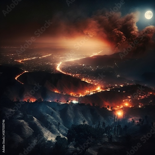 Fire In the Hollyowwd Hills of california under the moonlight. Created using generative AI.