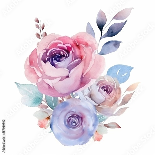 Digital Flowers watercolor illustration. Manual ornament with watercolor flowers roses, floral texture. Design for cover, fabric, textile, generative ai