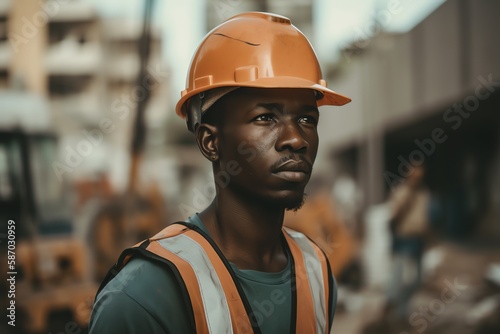 Portrait of a Construction worker in hard hat in a construction site. Generative AI