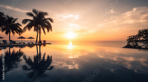 Beautiful poolside and sunset sky with palm trees. Generative Ai