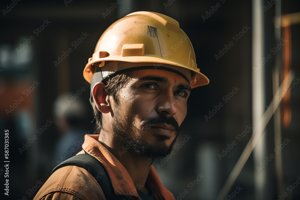 Portrait of a Construction worker in hard hat in a construction site. Generative AI Portrait of a Construction worker in hard hat in a construction site. Generative AI