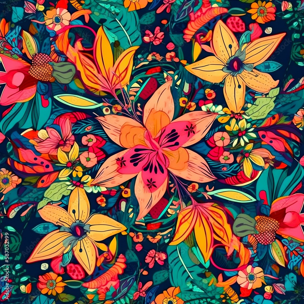 A modern and vibrant tropical floral pattern. Generative AI