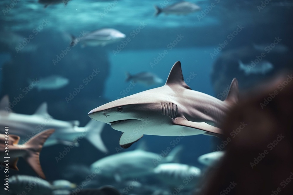 Fototapeta premium The different types of sharks and their behavior, bokeh Generative AI