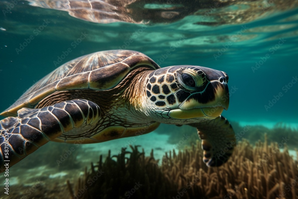 Fototapeta premium The importance of protecting sea turtles and their habitats, bokeh Generative AI