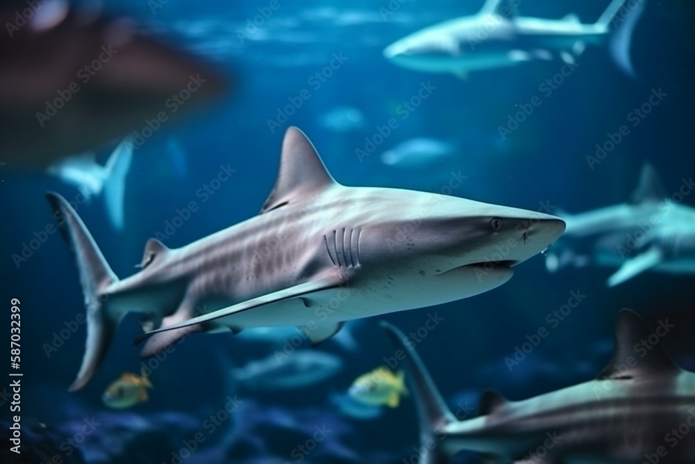 Naklejka premium The different types of sharks and their behavior, bokeh Generative AI