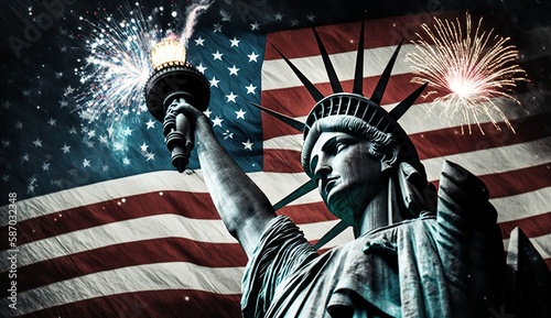 Fotografia, Obraz USA 4th of july - Illustration of statue of liberty and usa flag, Generative ai