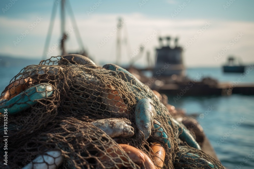 The impact of overfishing on the ocean food chain bokeh Generative AI Biology Diagrams