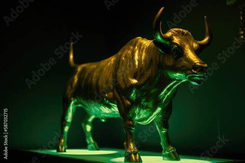 Golden Bull statue in trading room, illuminated with green light, represent uptrend in market.
