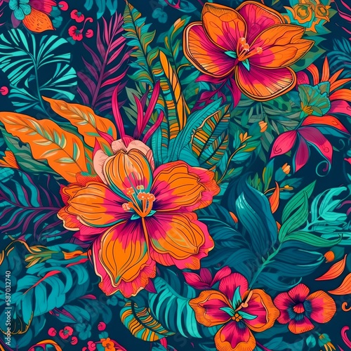 A modern and vibrant tropical floral pattern. Generative AI