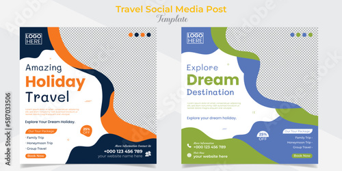 Travel Holiday vacation tour square flyer post banner and social media post template design set