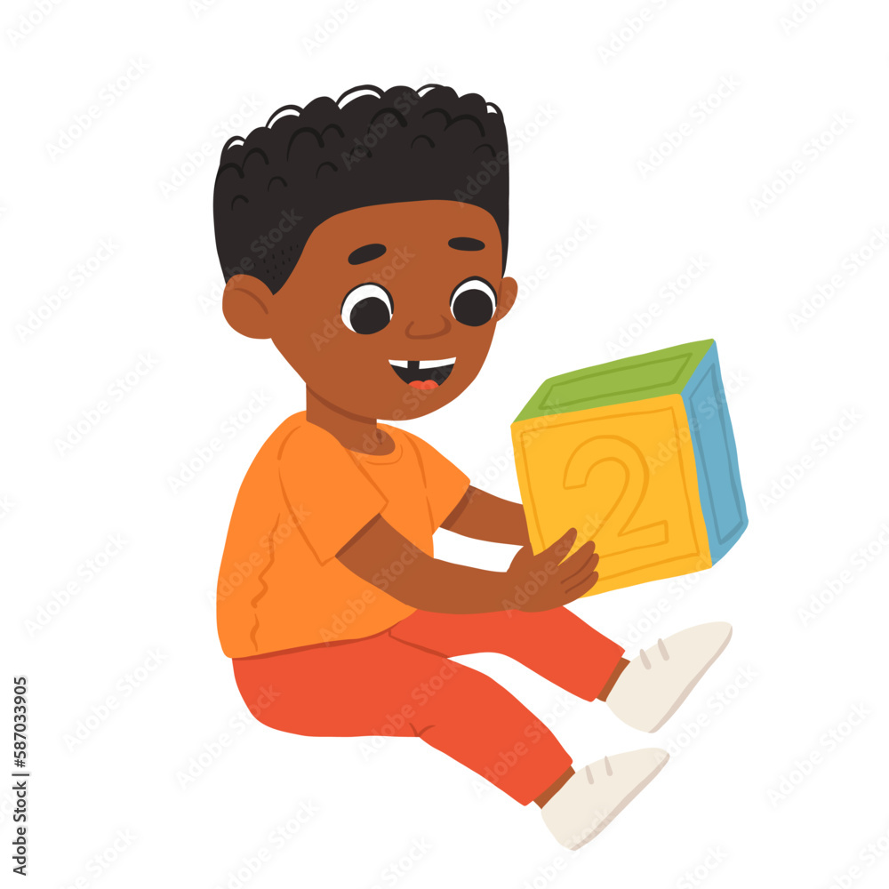 Cartoon boy of color playing with cube number and smiling. Cute vector illustration isolated on white background. Cartoon boy of color playing with cube number and smiling. Cute vector illustration isolated on white background.