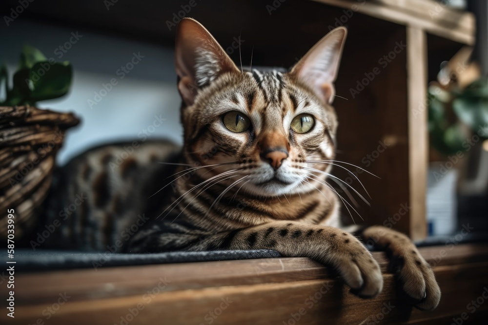 Bengal cat resting on a shelf. Generative AI
