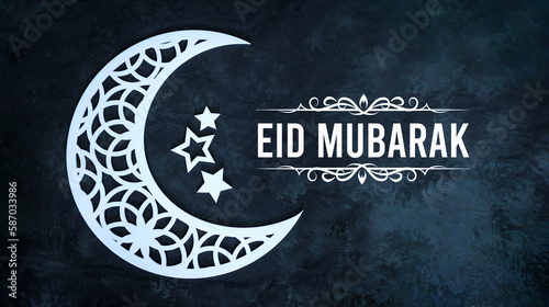 Simple Eid Mubarak design, Crescent moon shape with star isolated on black background