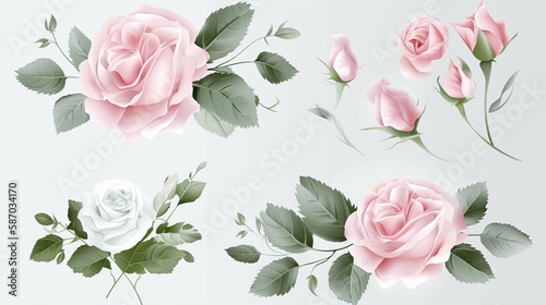 Set of floral branch. Flower pink rose, green leaves. Wedding concept with flowers. Floral poster, invite. Vector arrangements for greeting card or invitation design Background 