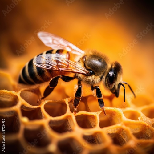 Closeup of bee on honeycomb in apiary. Created with generative AI.