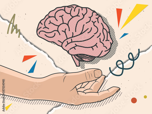 Human brain and hand in a modern collage style. Vector illustration