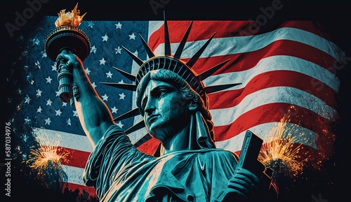 USA 4th of july - Illustration of statue of liberty and usa flag, Generative ai