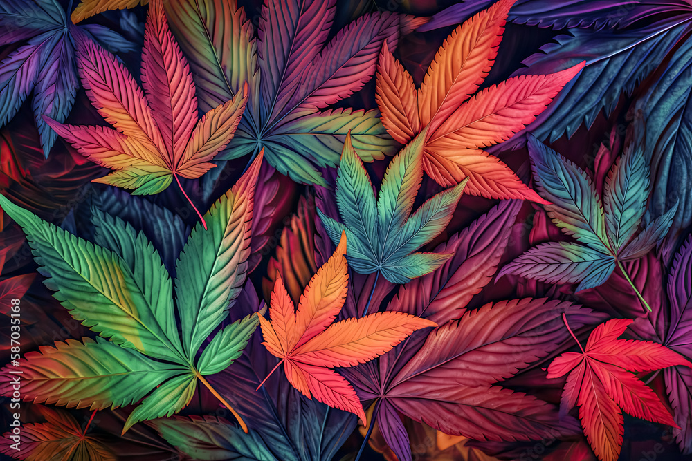 A psychedelic array of colorful cannabis leaves is displayed - generative ai.