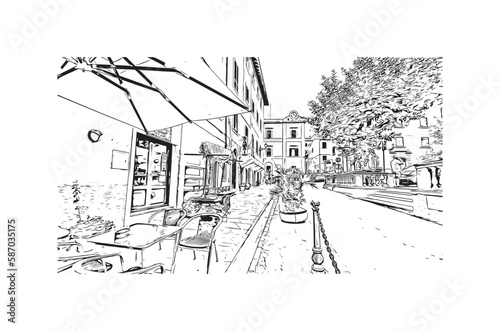 Building view with landmark of Porto ferraio is the town in Italy. Hand drawn sketch illustration in vector.