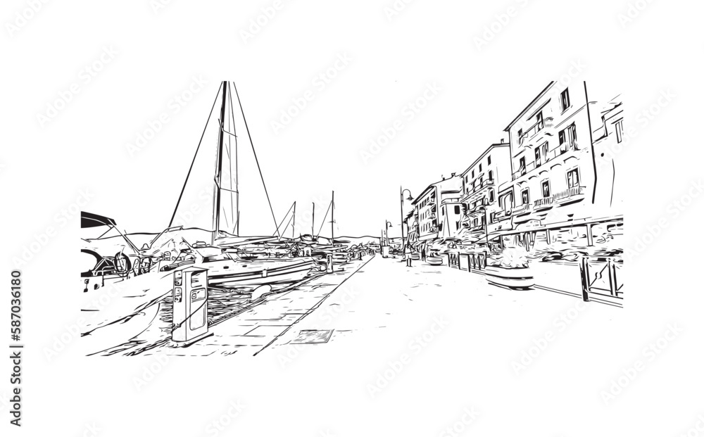 Building view with landmark of Porto ferraio is the town in Italy. Hand drawn sketch illustration in vector.